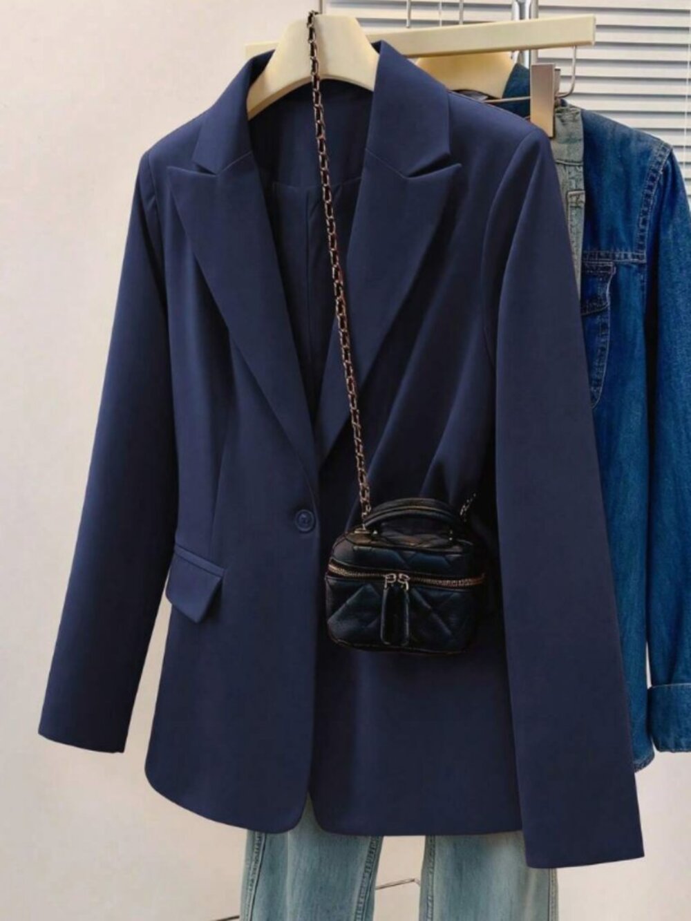 Women's Navy Blue Notch Lapel Blazer Office Business Casual Long Sleeve Jacket - Picture 3 of 5